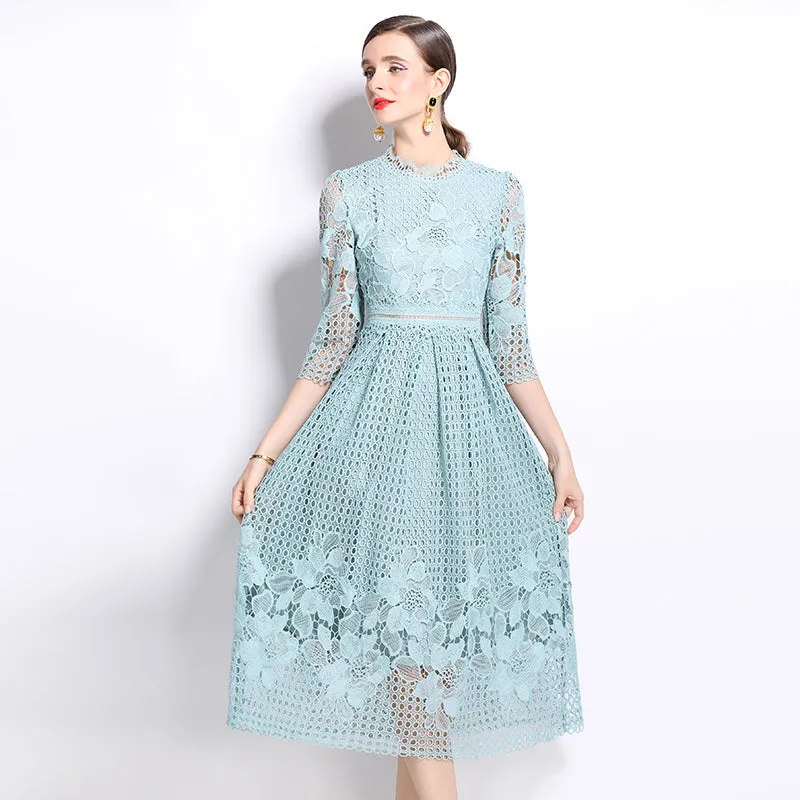 CM-DY022936 Women Elegant European Style Long Sleeve Printing Hollow Lace Slim Dress