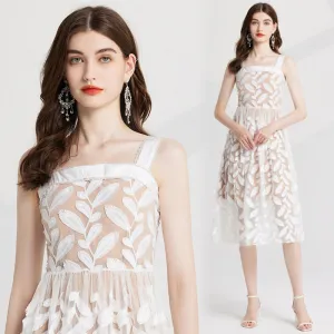 CM-DY022975 Women Elegant European Style Gauze Slim Embroidery Sleeveless Dress - White
