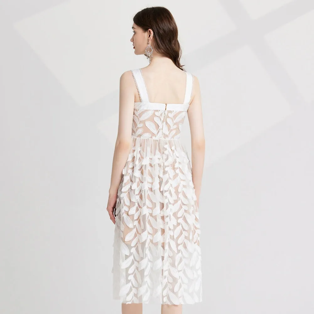 CM-DY022975 Women Elegant European Style Gauze Slim Embroidery Sleeveless Dress - White