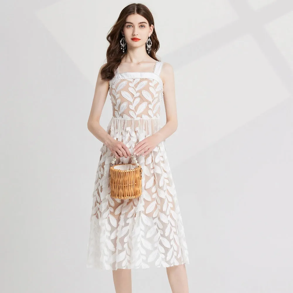 CM-DY022975 Women Elegant European Style Gauze Slim Embroidery Sleeveless Dress - White