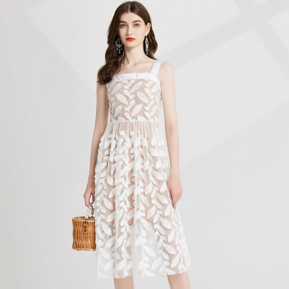 CM-DY022975 Women Elegant European Style Gauze Slim Embroidery Sleeveless Dress - White