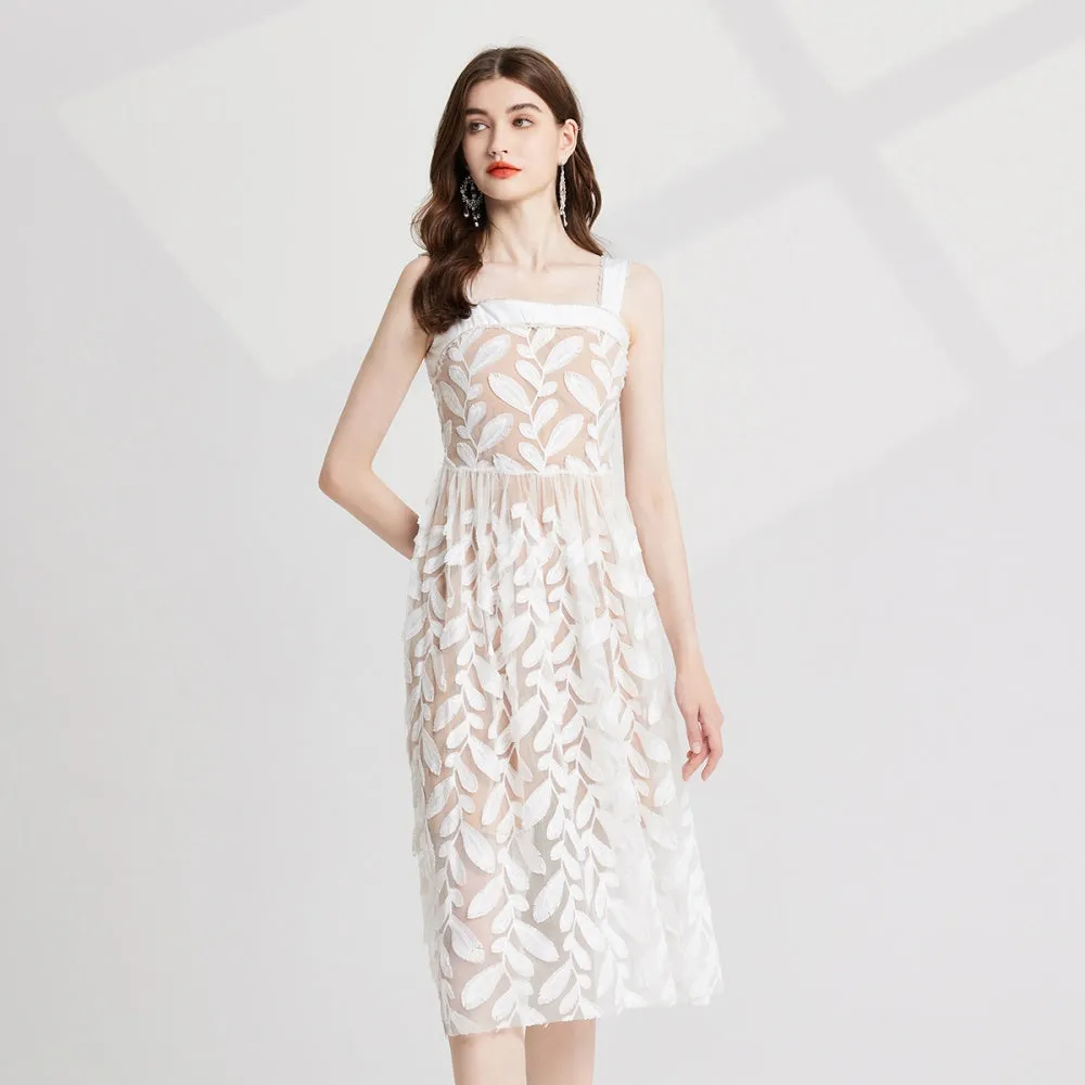 CM-DY022975 Women Elegant European Style Gauze Slim Embroidery Sleeveless Dress - White