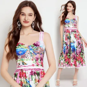 CM-DY022978 Women Elegant European Style Floral Print Sleeveless High Waist A-Line Dress