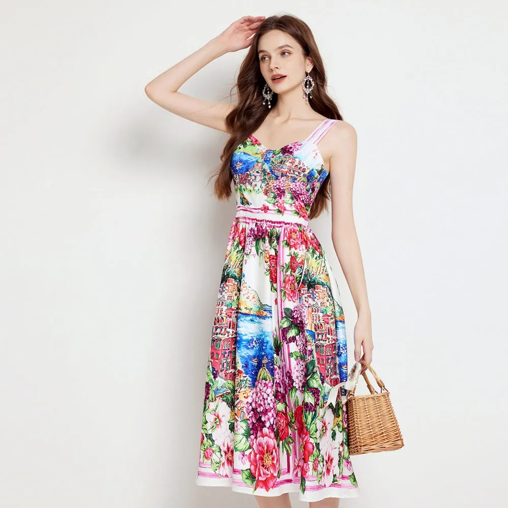 CM-DY022978 Women Elegant European Style Floral Print Sleeveless High Waist A-Line Dress