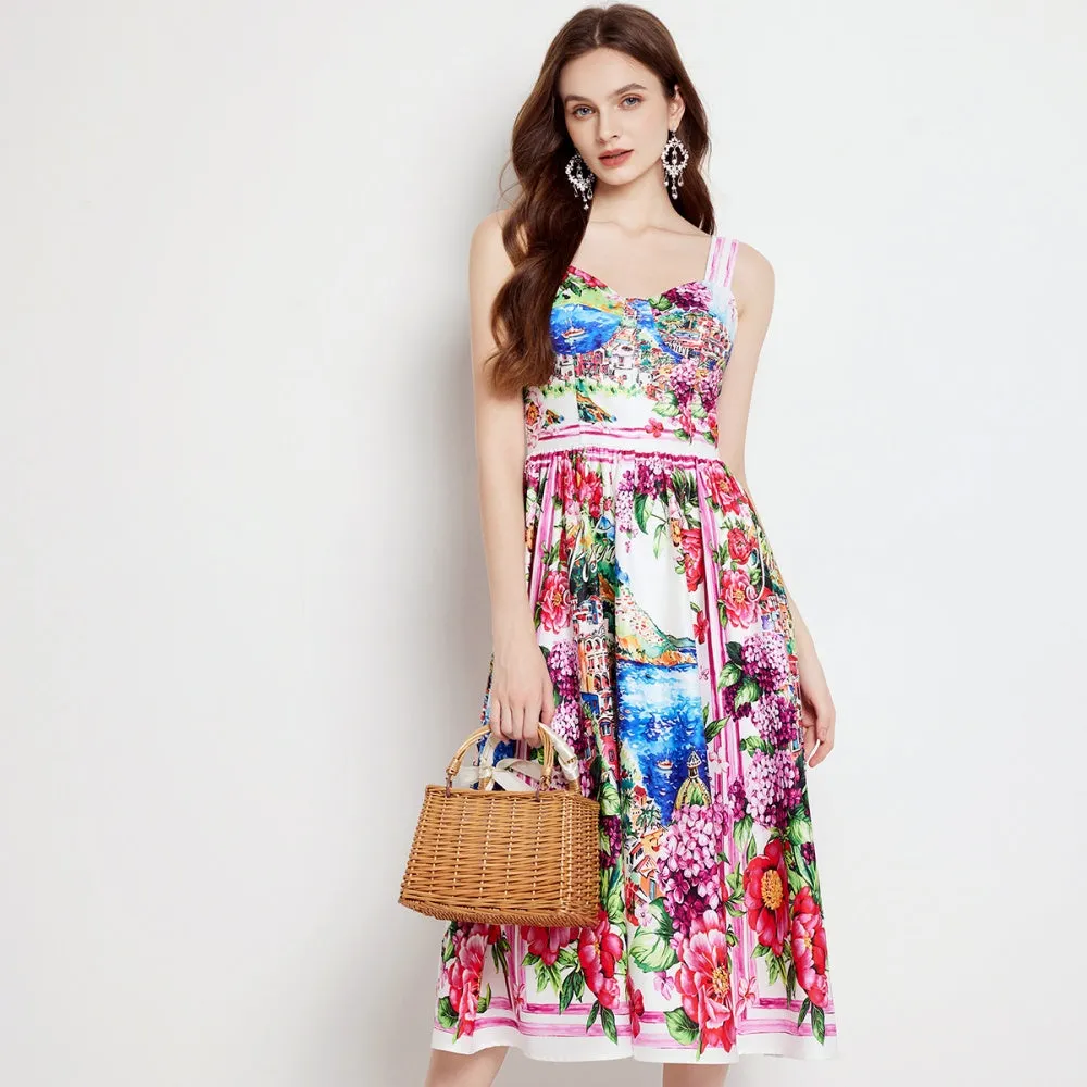 CM-DY022978 Women Elegant European Style Floral Print Sleeveless High Waist A-Line Dress