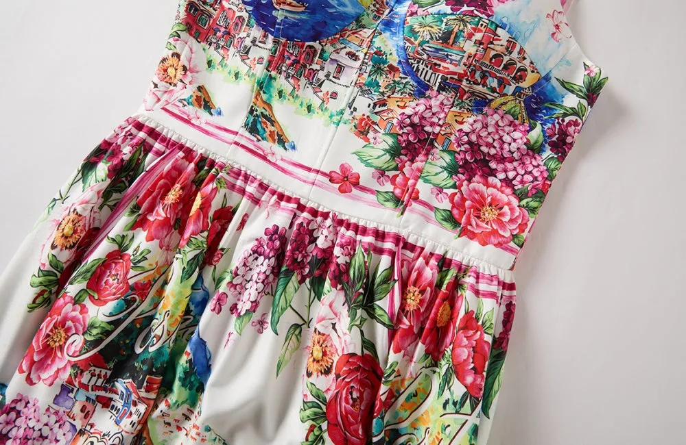CM-DY022978 Women Elegant European Style Floral Print Sleeveless High Waist A-Line Dress