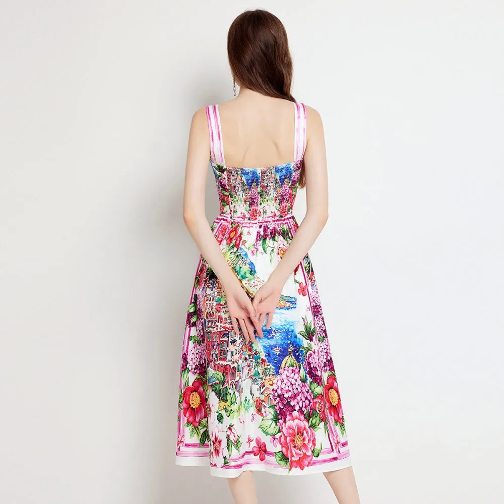 CM-DY022978 Women Elegant European Style Floral Print Sleeveless High Waist A-Line Dress