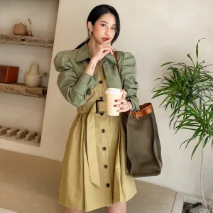 CM-DY026187 Women Casual Seoul Style Single Breasted Long Sleeve Pinched Waist Slim Dress