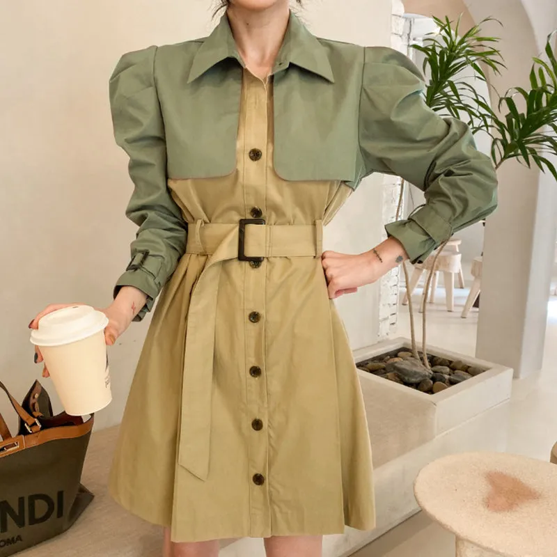 CM-DY026187 Women Casual Seoul Style Single Breasted Long Sleeve Pinched Waist Slim Dress