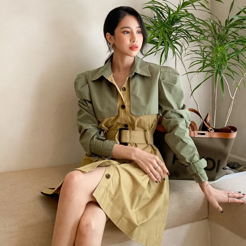 CM-DY026187 Women Casual Seoul Style Single Breasted Long Sleeve Pinched Waist Slim Dress