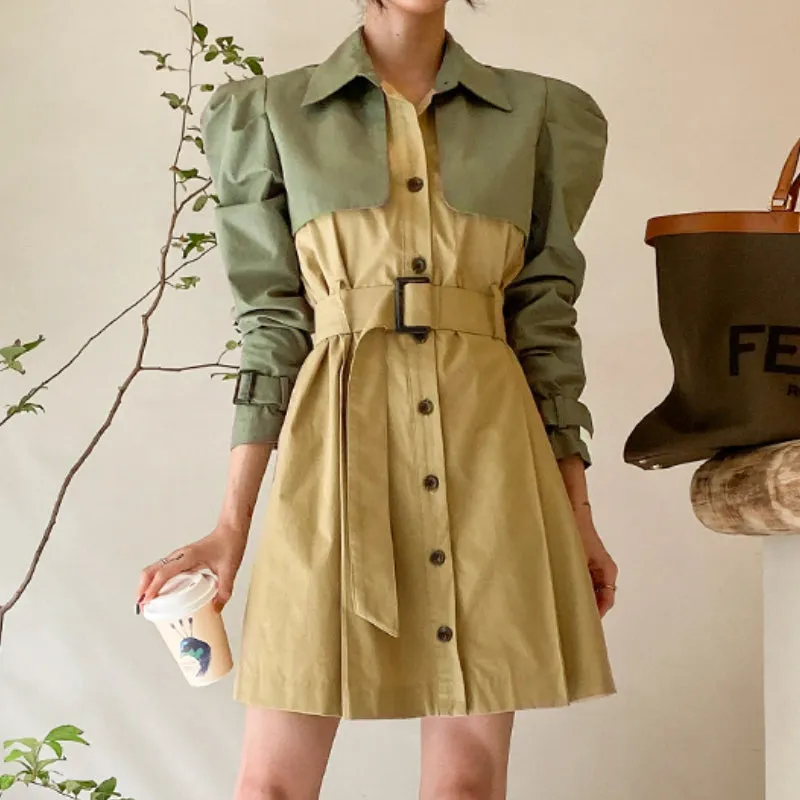 CM-DY026187 Women Casual Seoul Style Single Breasted Long Sleeve Pinched Waist Slim Dress