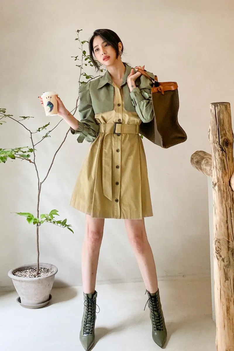 CM-DY026187 Women Casual Seoul Style Single Breasted Long Sleeve Pinched Waist Slim Dress