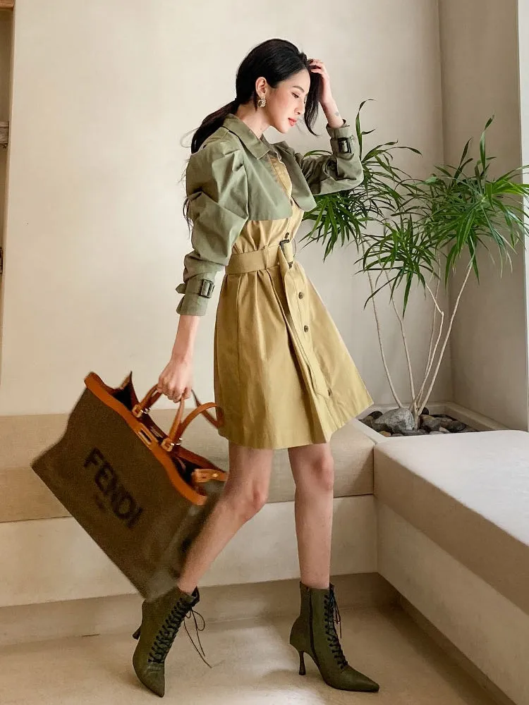 CM-DY026187 Women Casual Seoul Style Single Breasted Long Sleeve Pinched Waist Slim Dress