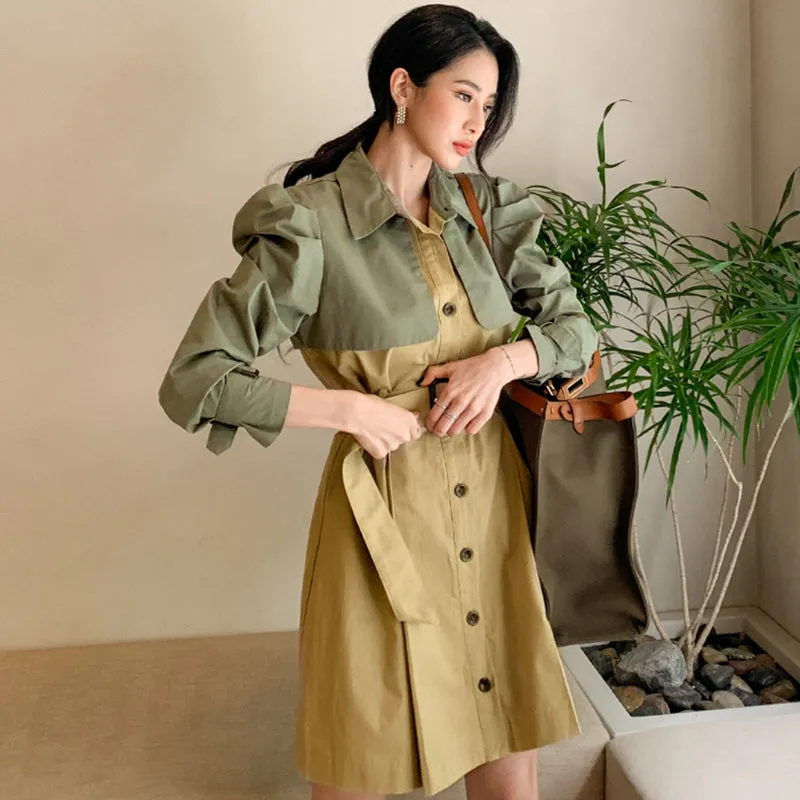 CM-DY026187 Women Casual Seoul Style Single Breasted Long Sleeve Pinched Waist Slim Dress