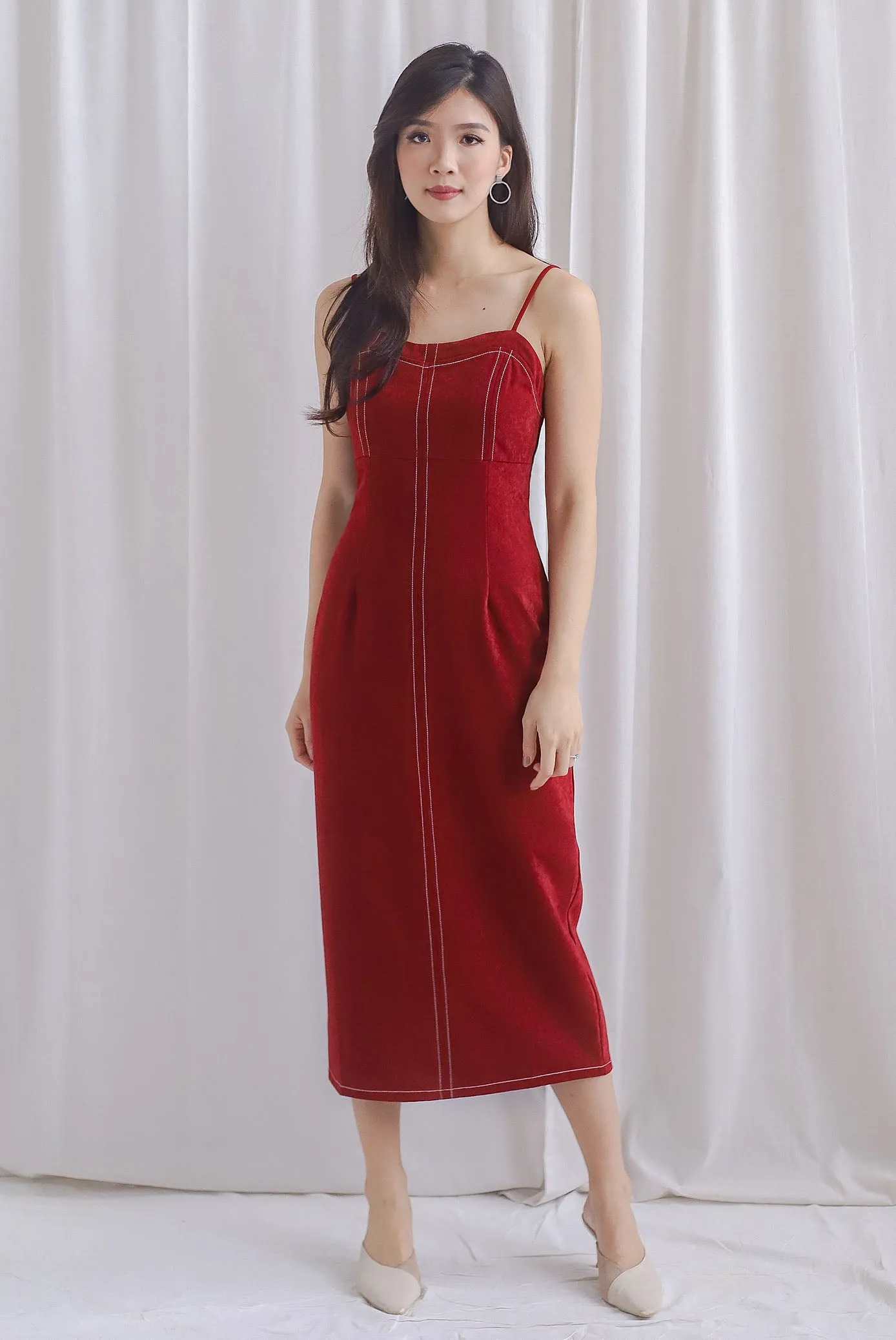 Concetta Contrast Stitch Midi Dress In Wine Red