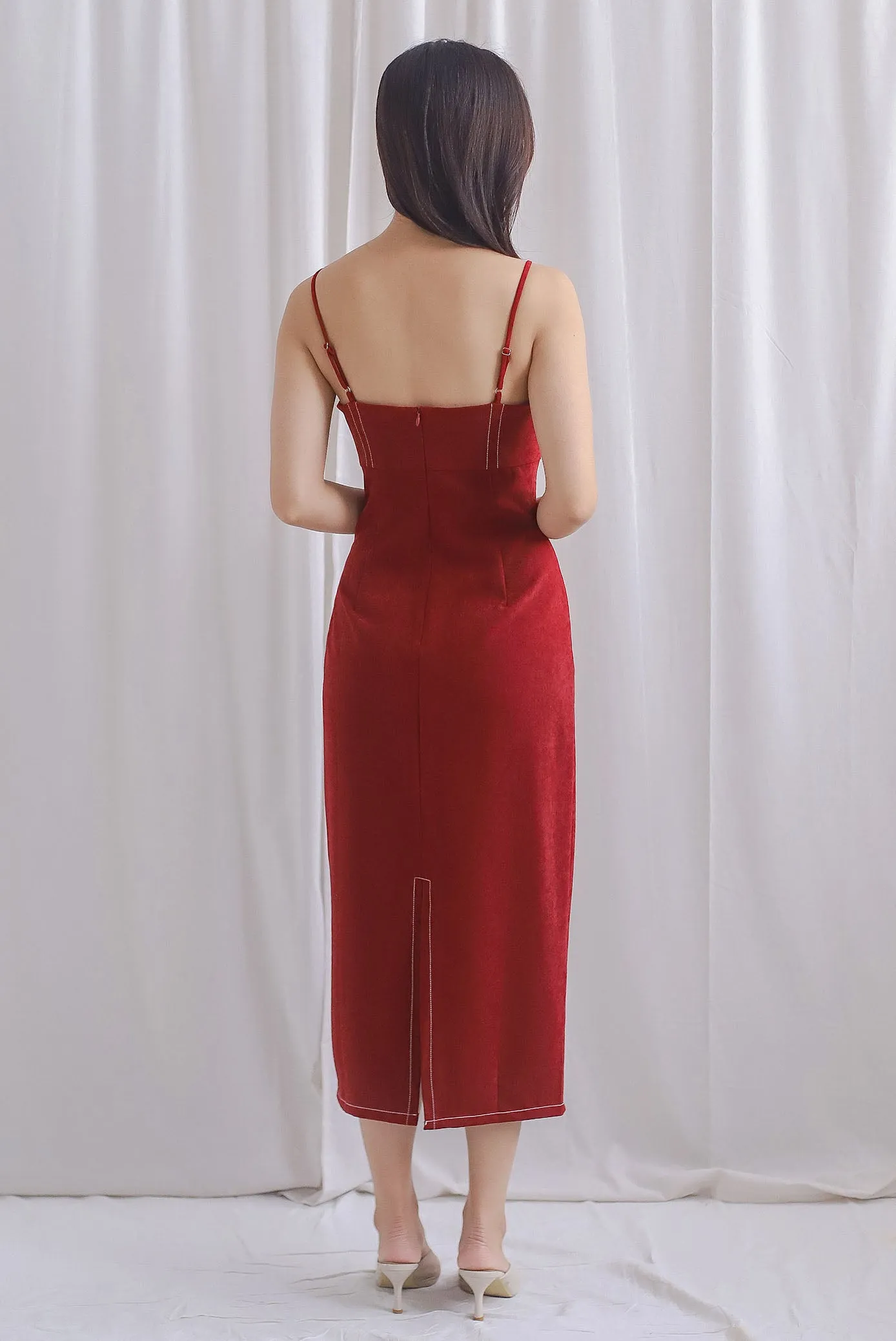 Concetta Contrast Stitch Midi Dress In Wine Red