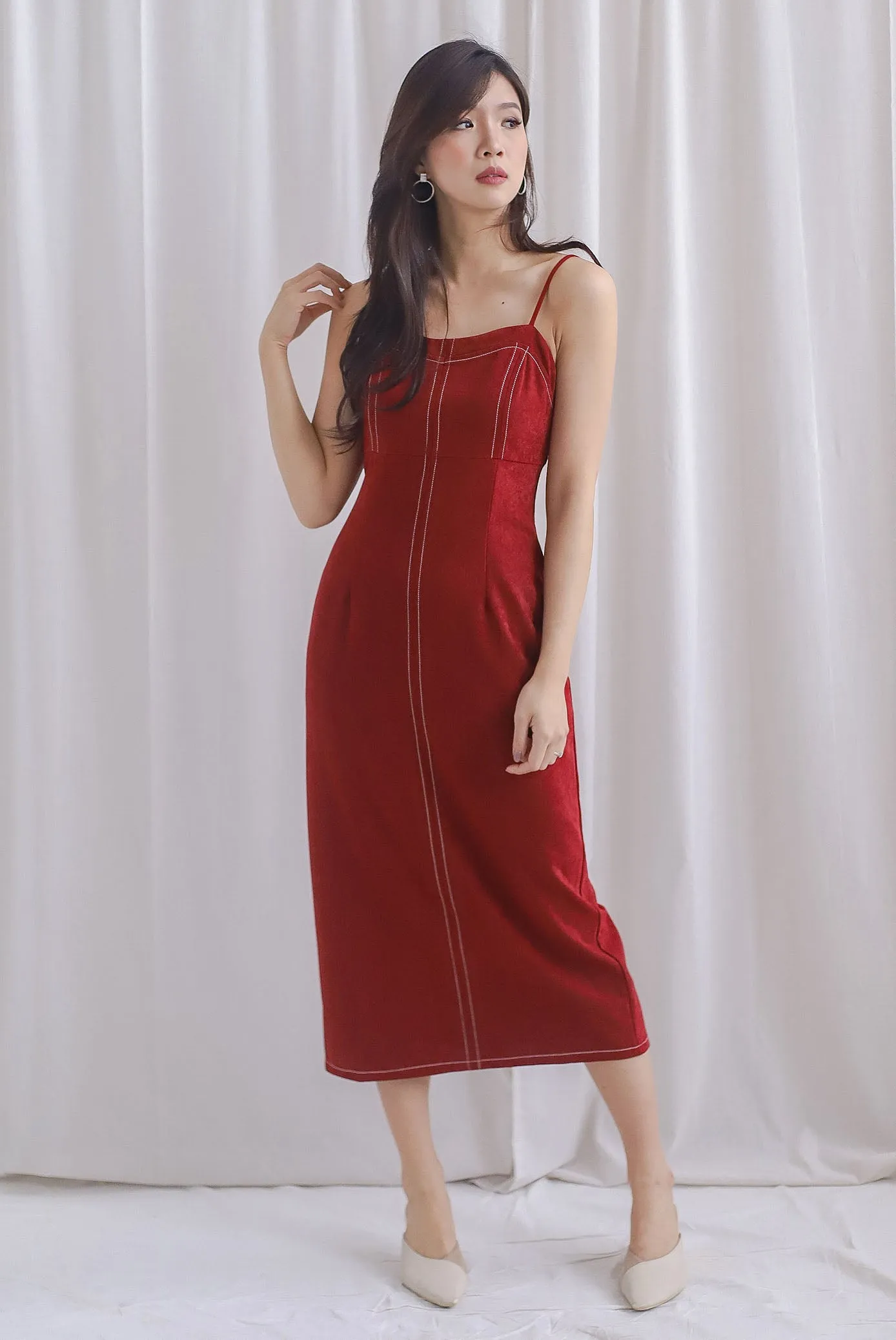 Concetta Contrast Stitch Midi Dress In Wine Red