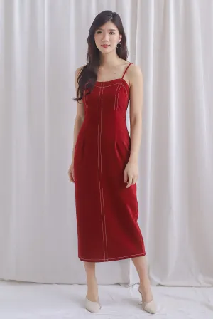 Concetta Contrast Stitch Midi Dress In Wine Red