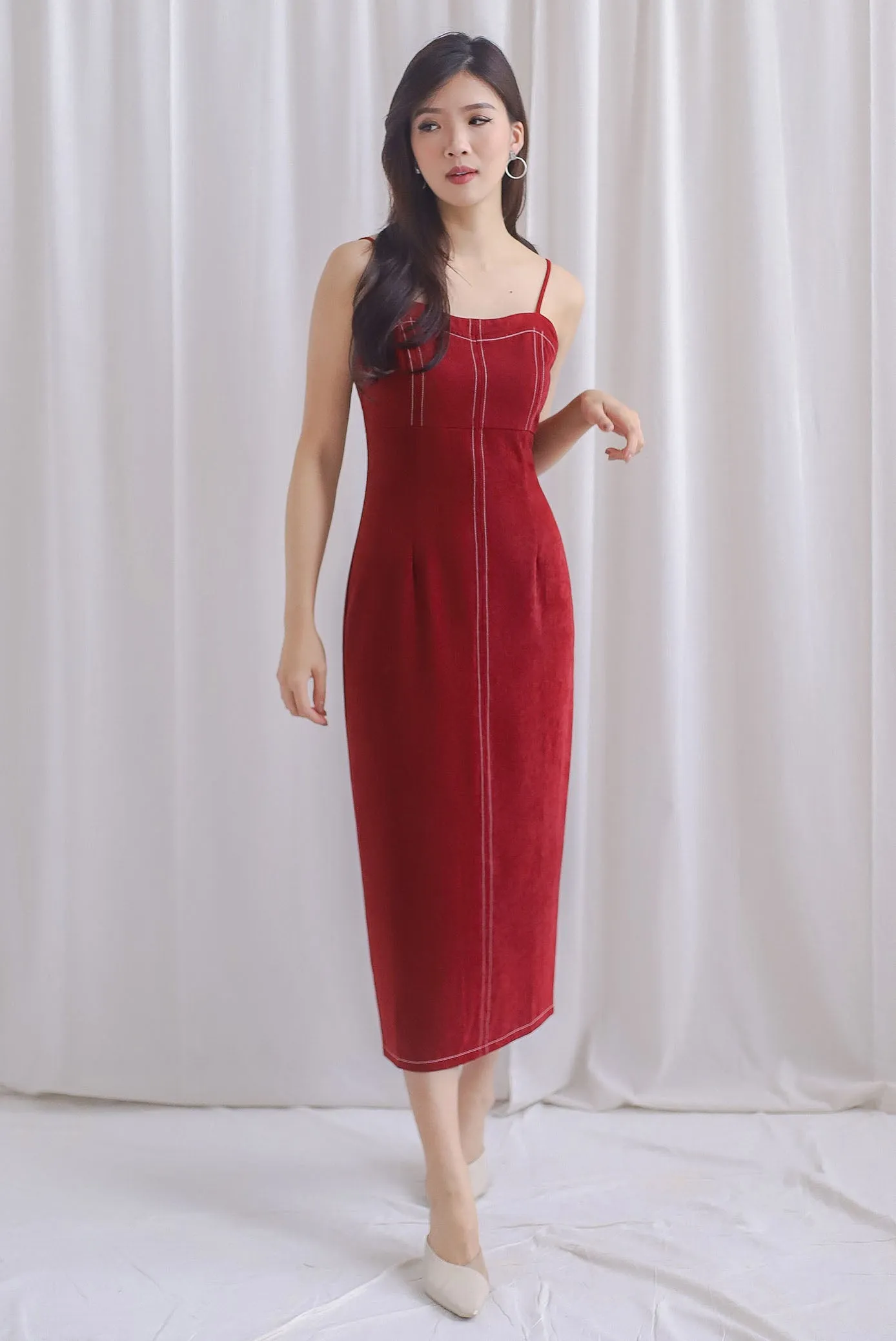 Concetta Contrast Stitch Midi Dress In Wine Red