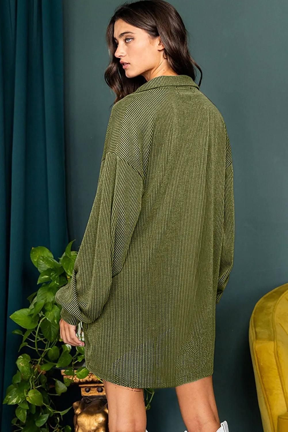 Corded Texture Mini Shift Dress with Button Placket