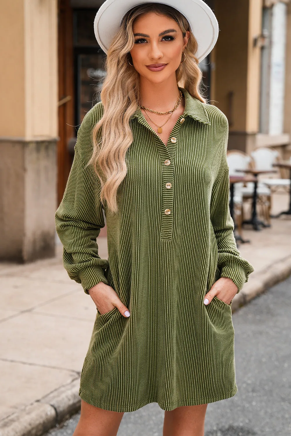 Corded Texture Mini Shift Dress with Button Placket