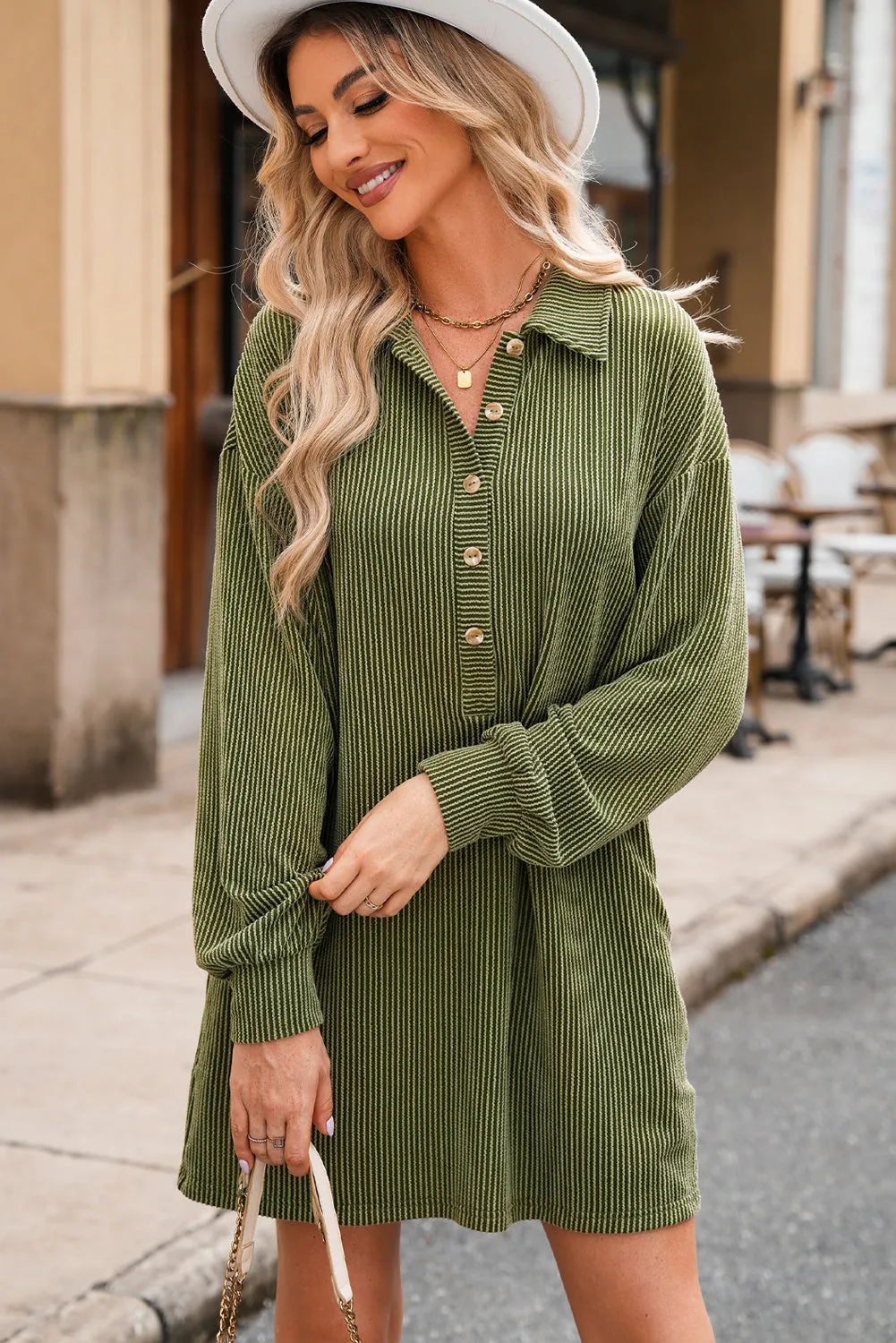 Corded Texture Mini Shift Dress with Button Placket