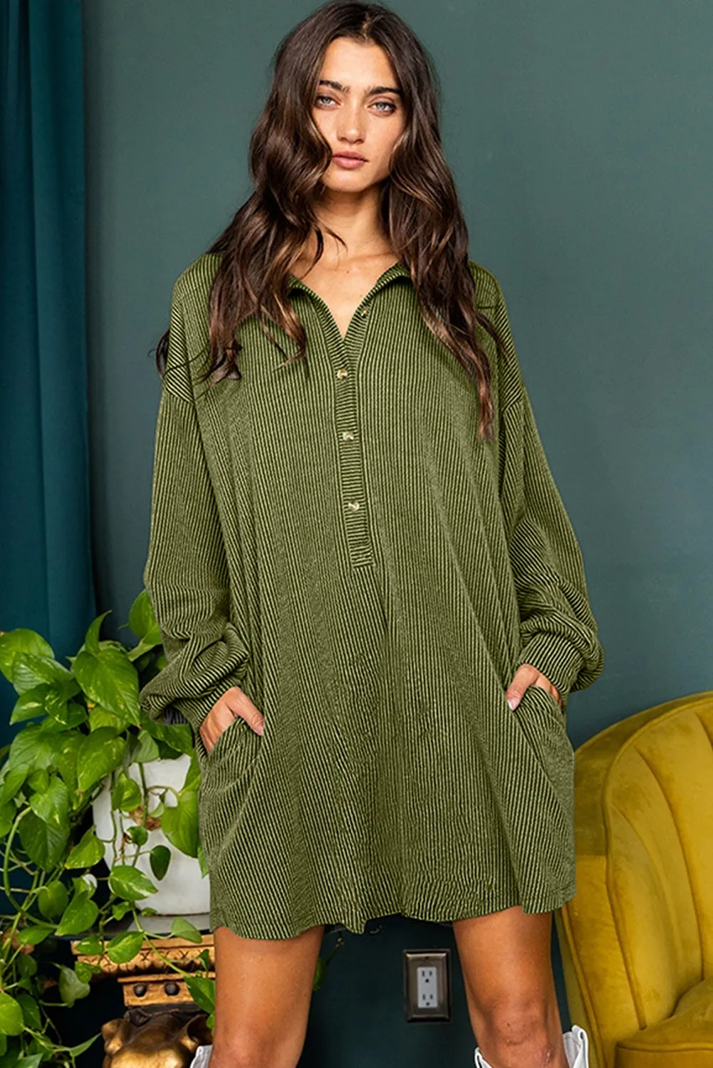 Corded Texture Mini Shift Dress with Button Placket