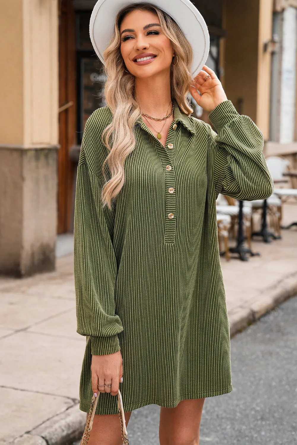 Corded Texture Mini Shift Dress with Button Placket
