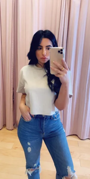 Cotton Over Sized Drop Shoulder Crew Neck Cropped T Shirt