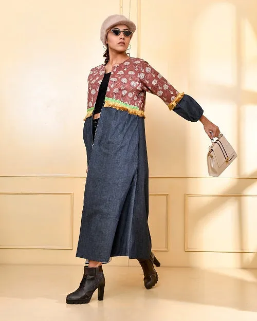 Designer Brown & Blue Denim Cape Jacket