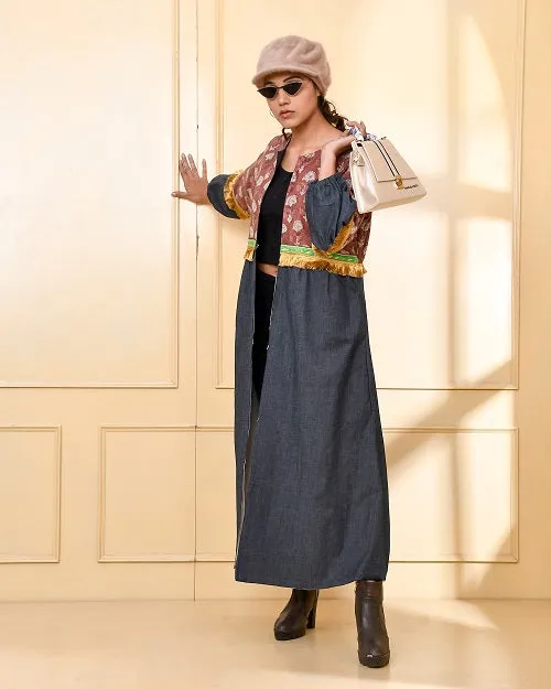 Designer Brown & Blue Denim Cape Jacket