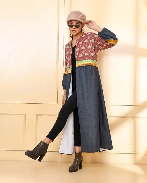 Designer Brown & Blue Denim Cape Jacket