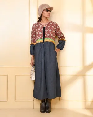 Designer Brown & Blue Denim Cape Jacket