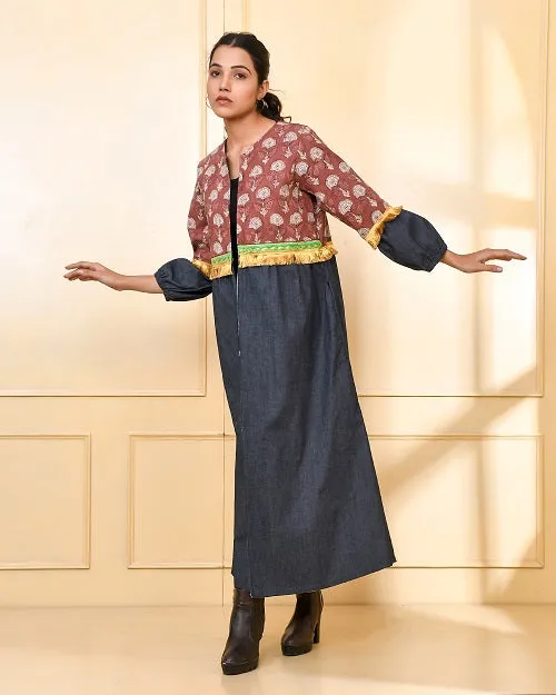Designer Brown & Blue Denim Cape Jacket