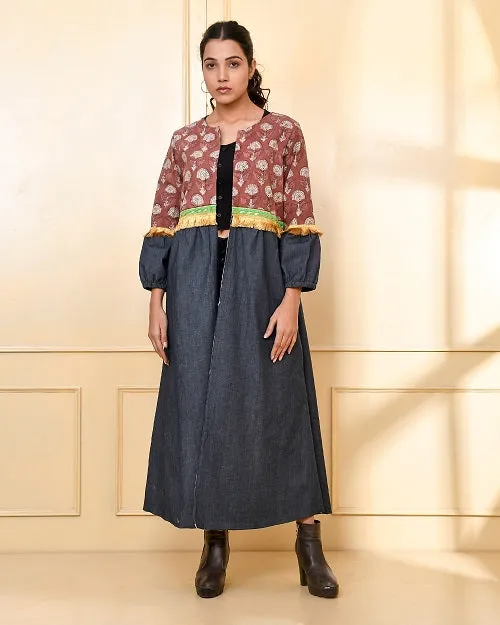 Designer Brown & Blue Denim Cape Jacket