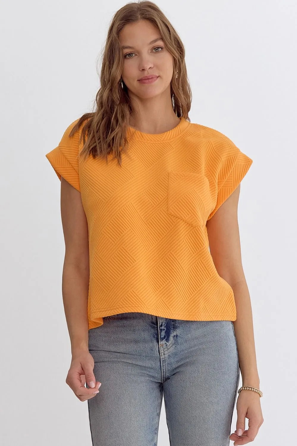 Destiny Textured round neck short sleeve cropped top In Orange