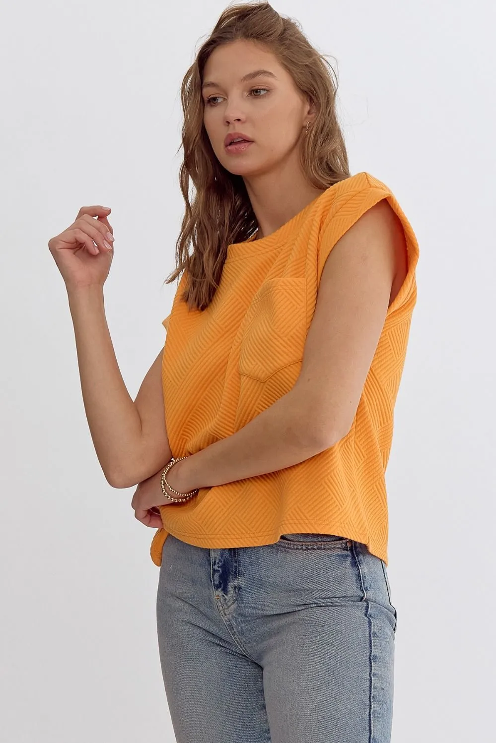 Destiny Textured round neck short sleeve cropped top In Orange