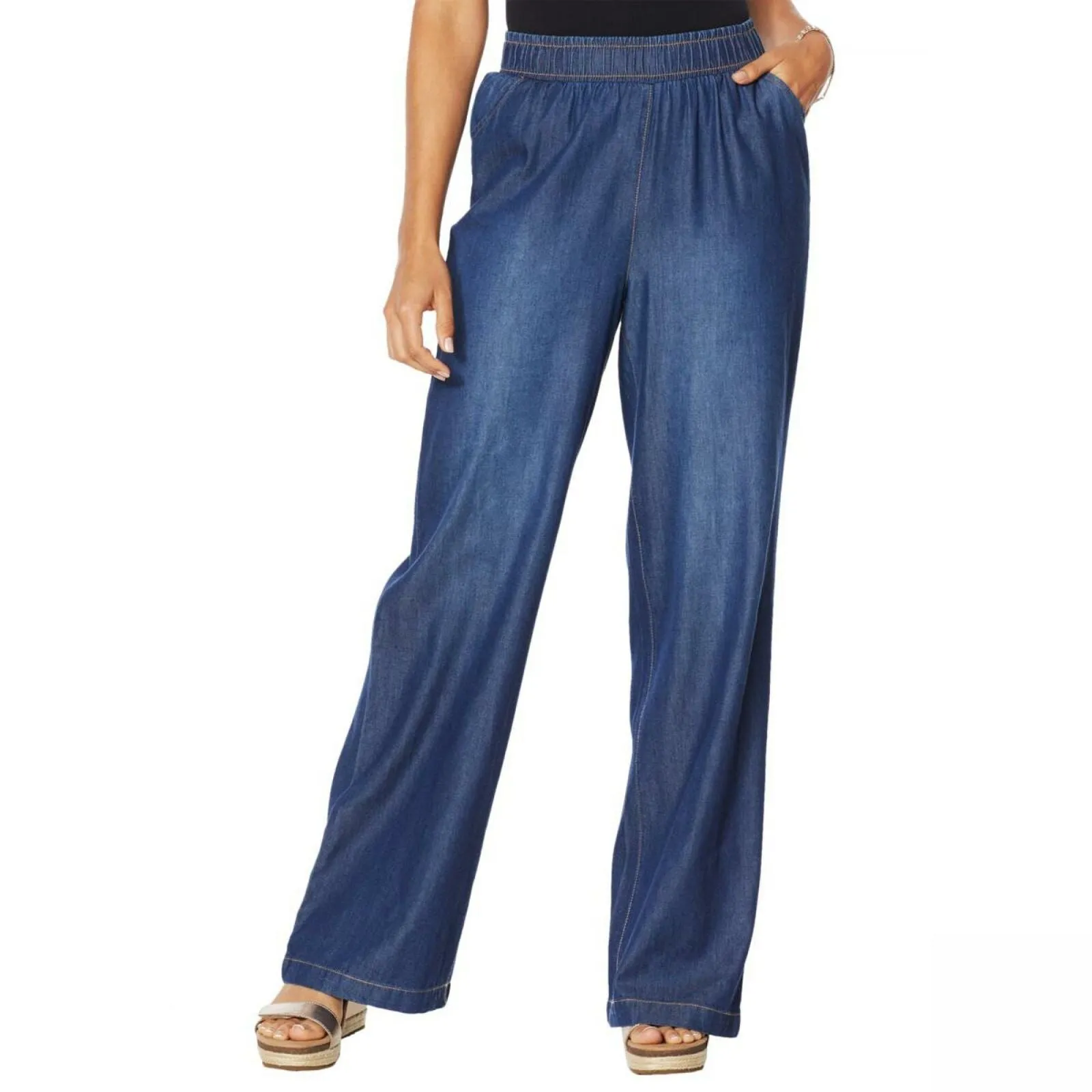 DG2 by Diane Gilman Women's Petite Chambray Woven Wide Leg Pants