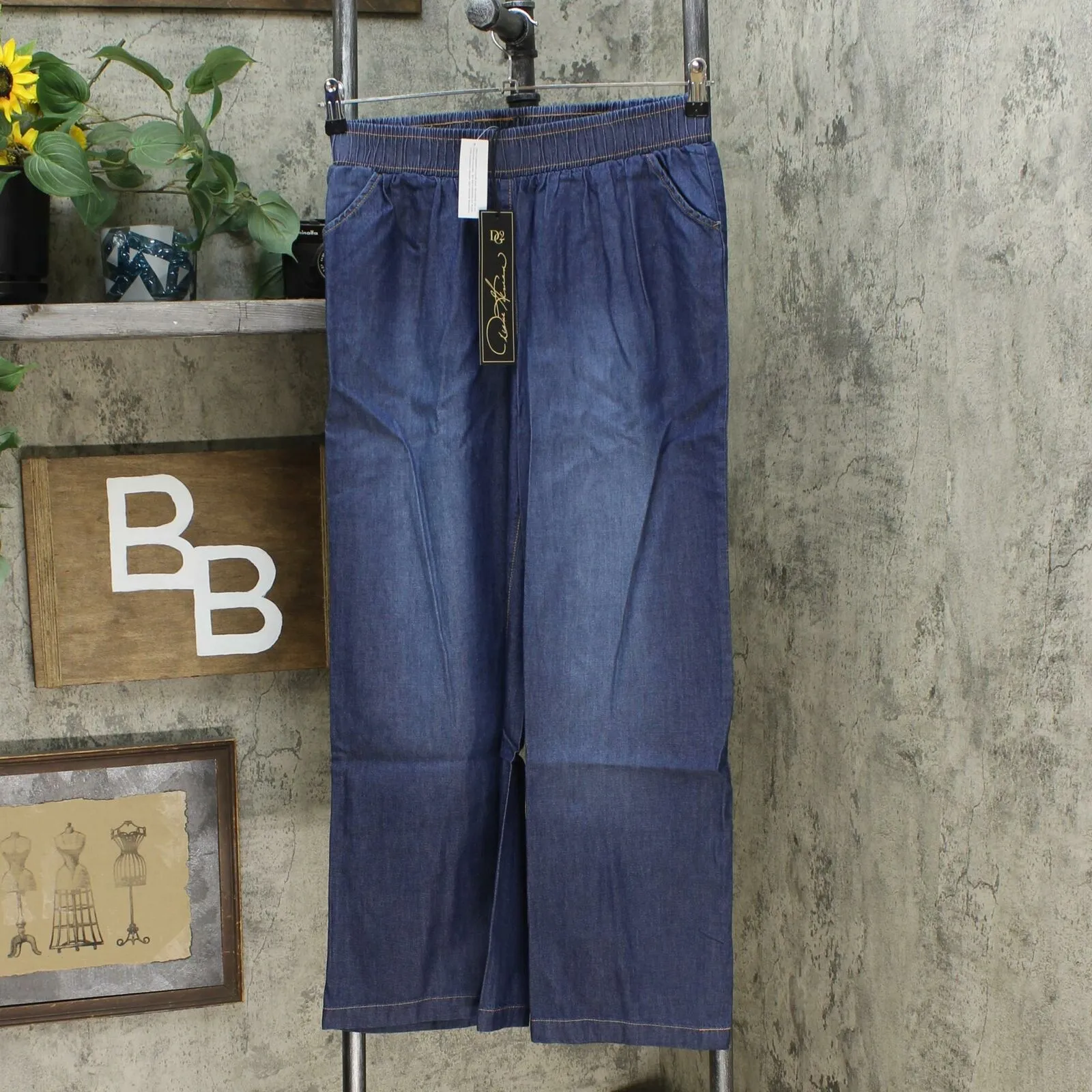 DG2 by Diane Gilman Women's Petite Chambray Woven Wide Leg Pants
