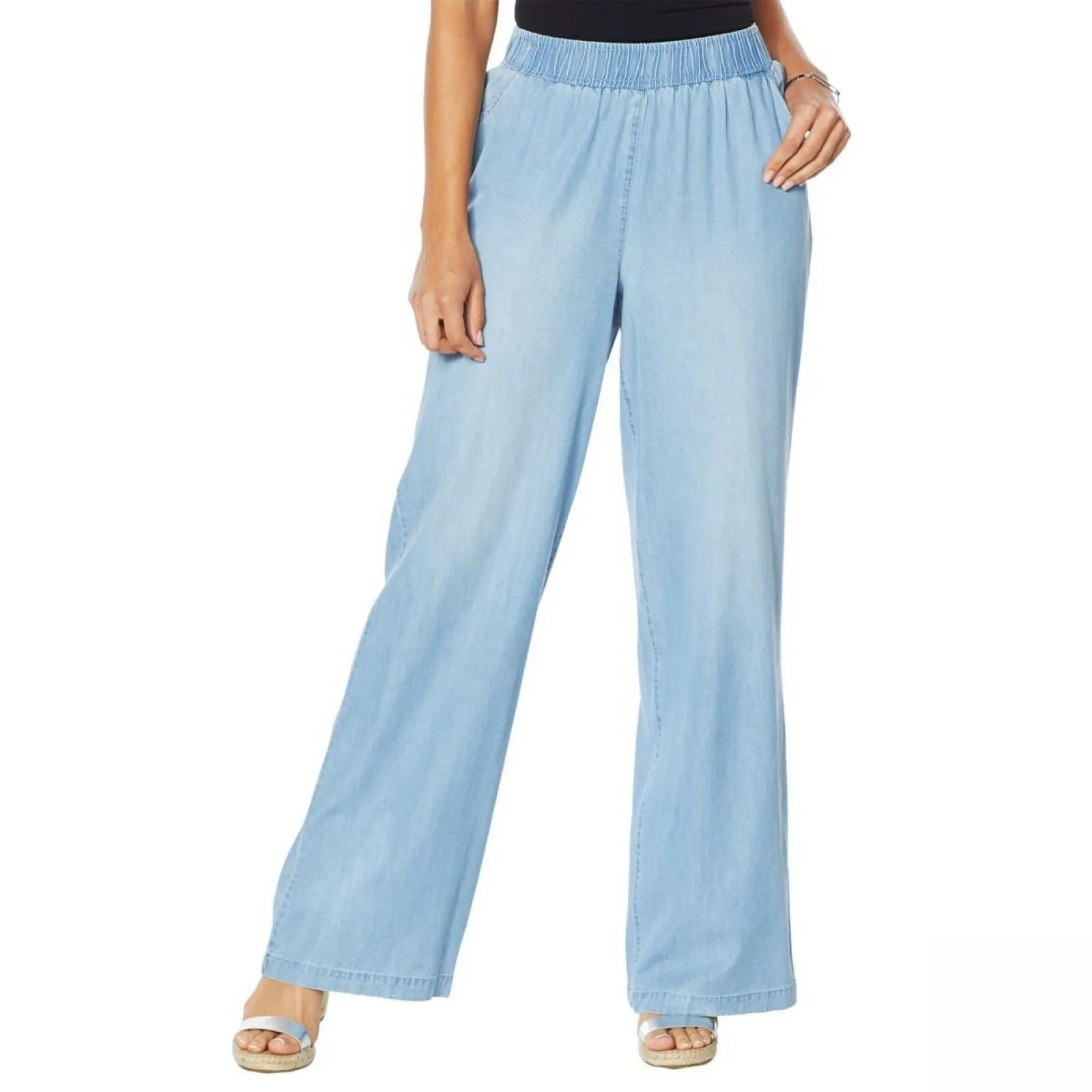 DG2 by Diane Gilman Women's Petite Chambray Woven Wide Leg Pants