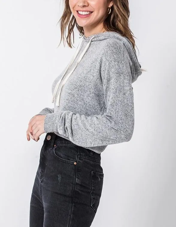 Drawstring Kangaroo Pocket Drop Shoulder Ribbed Hem Cropped Hoodie
