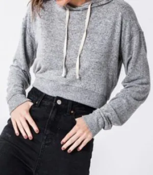 Drawstring Kangaroo Pocket Drop Shoulder Ribbed Hem Cropped Hoodie