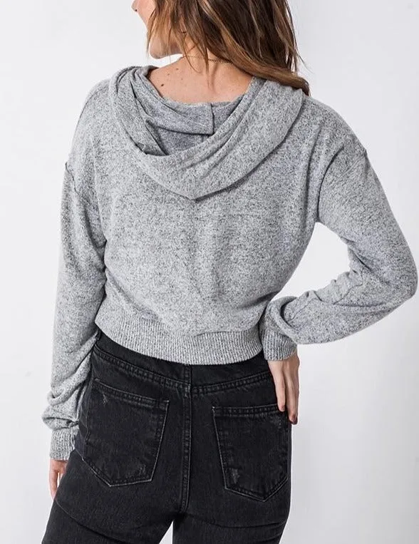 Drawstring Kangaroo Pocket Drop Shoulder Ribbed Hem Cropped Hoodie