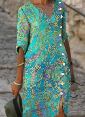 DS11068 Casual Floral Tunic V Neckline Shift Dress