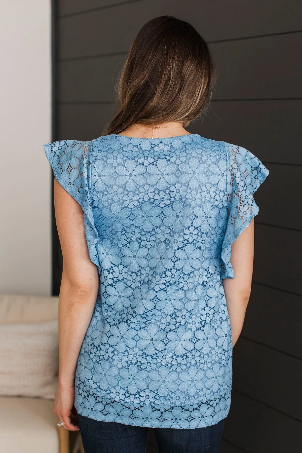 Effortless Allure Floral Lace Top- Denim Blue