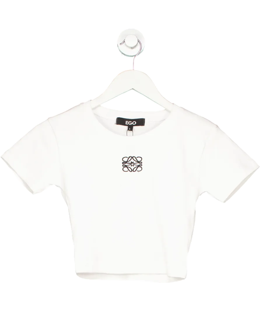 Ego White Short Sleeve Swirl Graphic Detail Ribbed Crop T-shirt UK S