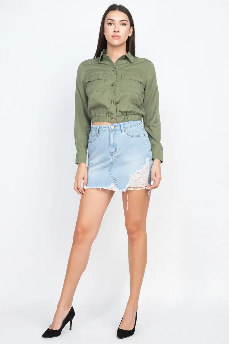 Elasticized Waist Flap Pockets Top