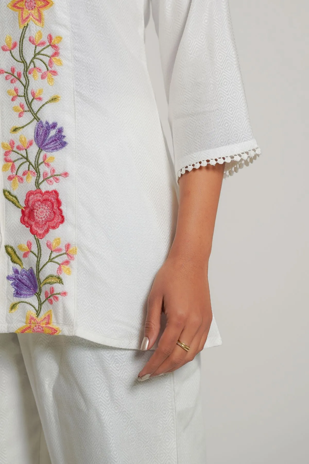 Elegant White Embroidered Cotton Co-ord Set
