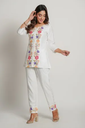 Elegant White Embroidered Cotton Co-ord Set