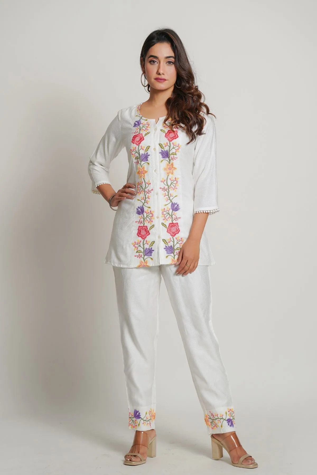 Elegant White Embroidered Cotton Co-ord Set